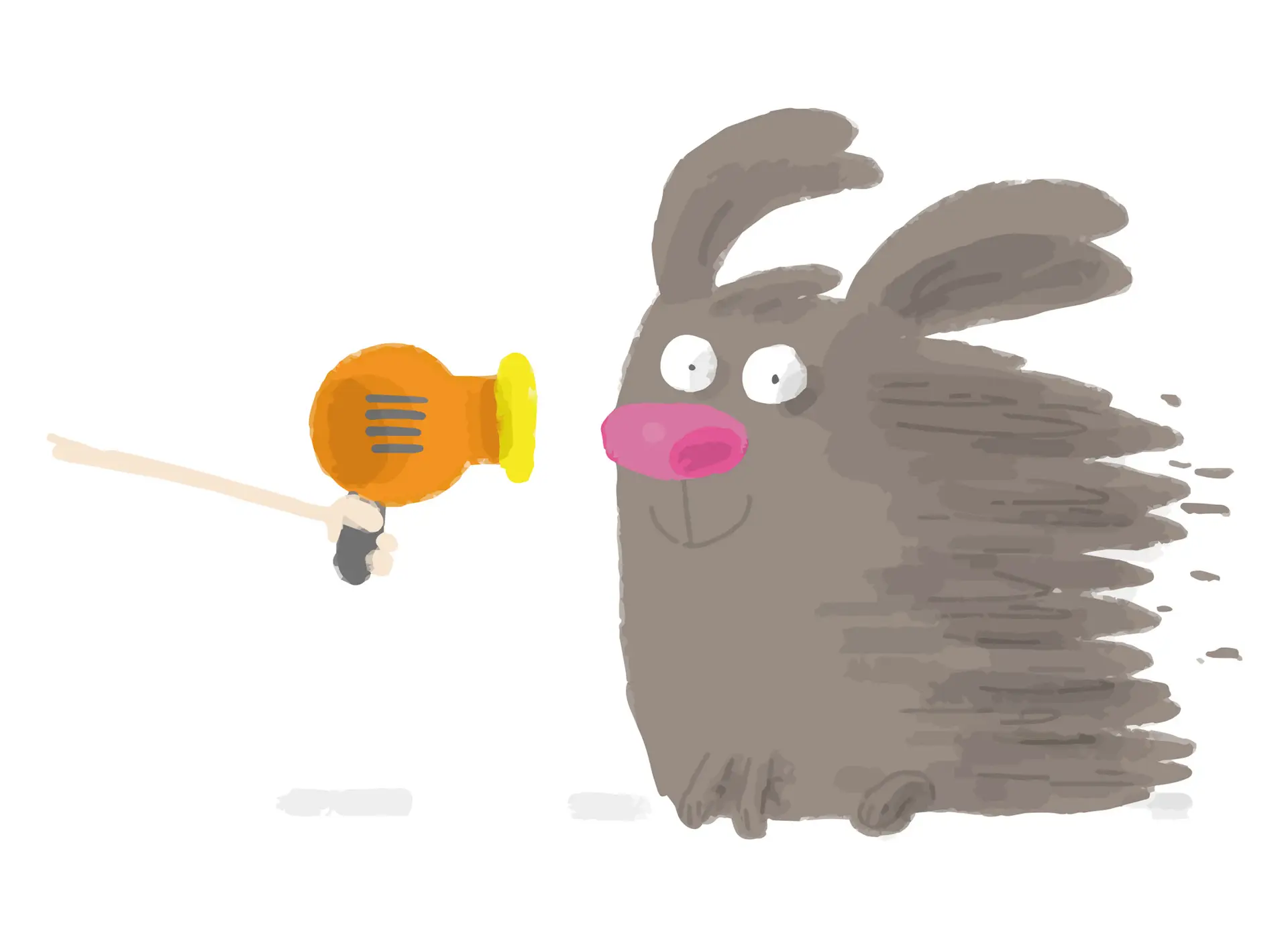 A smiling cartoon dog being blasted by a dog groomer's hairdryer