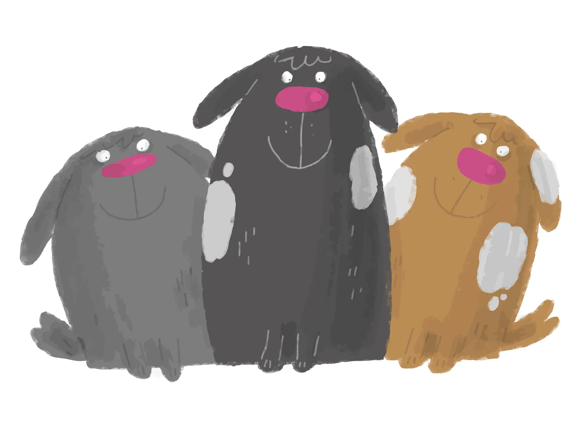 Three smiling dogs (cartoon) waiting to be pampered by their dog groomer, Angie's Poochie Parlour